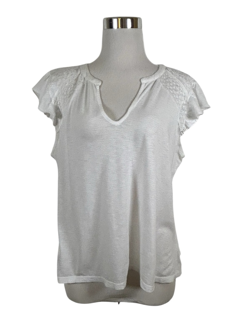 Lucky Brand White Split Notch Neck Lace Shoulder Tee Top M